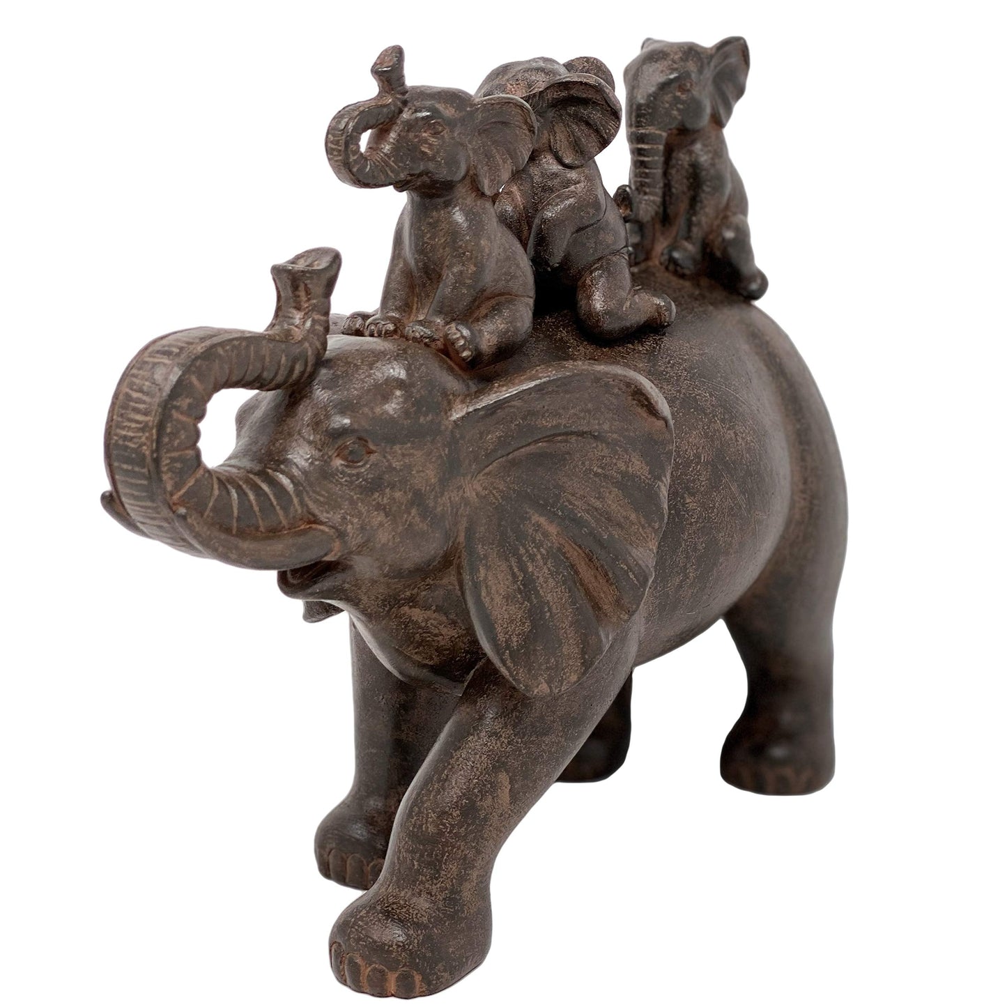 Nature's Mark 8" H 3 Baby Elephants Riding an Elephant Resin Statue Figurine Home Decorative Accent Decor (Brown)