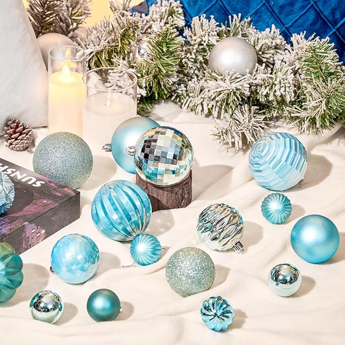 JORNOY Christmas Tree Ornaments Set, 47 Pack Assorted Shatterproof Hanging Balls Decorations, Plastic Bulbs Bulk with Lanyard for Home Holiday Party Decor, 3-Sizes (Sky Blue)