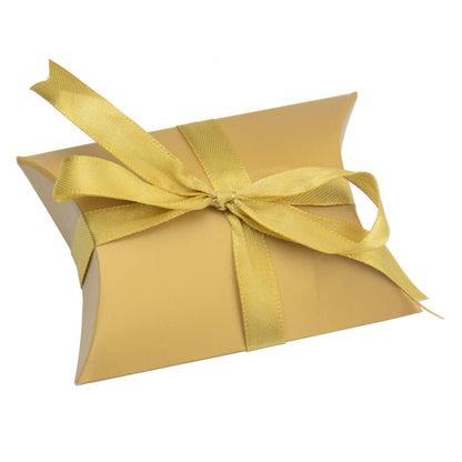 Aokbean 100 Pack Mini Pillow Candy Box Small Gift Boxes with 50 Yards Ribbon for Christmas Wedding Party Favor Gift, Jewelry or Soap Packaging (Gold)