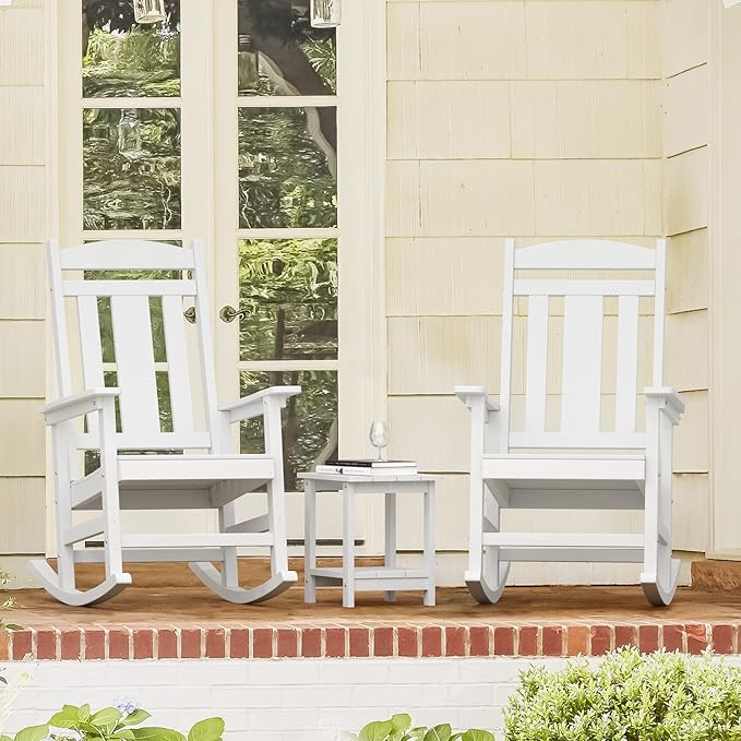 LUE BONA Outdoor Rocking Chairs Set of 4, Weather Resistant HDPS Poly Rocker Chairs, 350lb Heavy Duty, Oversized Porch Rocker for Adult, High Back Smooth Rocking Chairs for Outdoor & Indoor, White