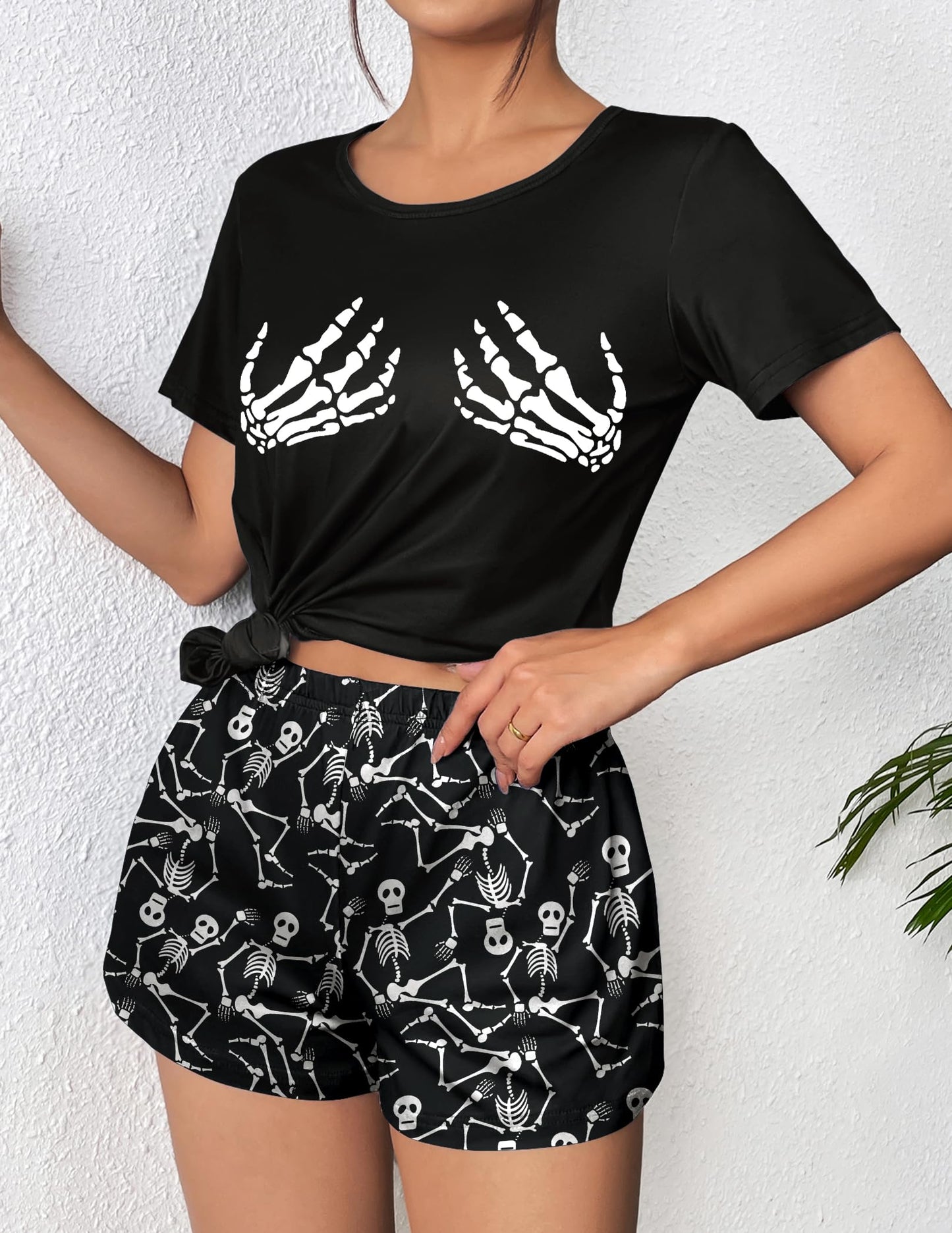 Ekouaer Women's Pajama Sets Short Sleeve Pjs 2 Piece Top and Shorts Sleepwear Comfy Soft Lounge Sets with Pockets Halloween Skeleton Print Large