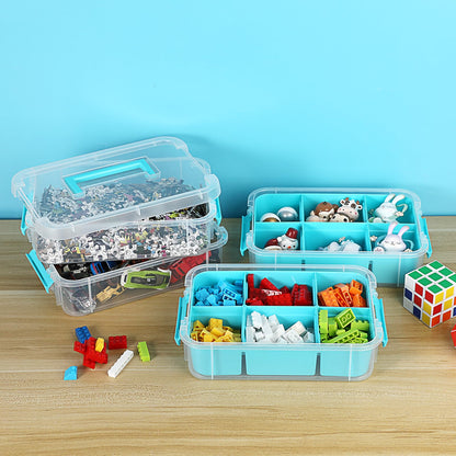 JUXYES 4-Tiers Stack Carry Storage Box With 2 Divided Tray, Transparent Stackable Storage Bin With Handle Lid Latching Storage Container for School & Office Supplies, Blue