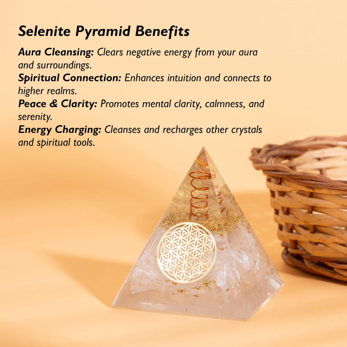 Agate Treasure Selenite Orgonite Pyramid – Energy Crystal for Clarity & Protection – Handmade Spiritual Decor for Meditation, Focus & Inner Peace