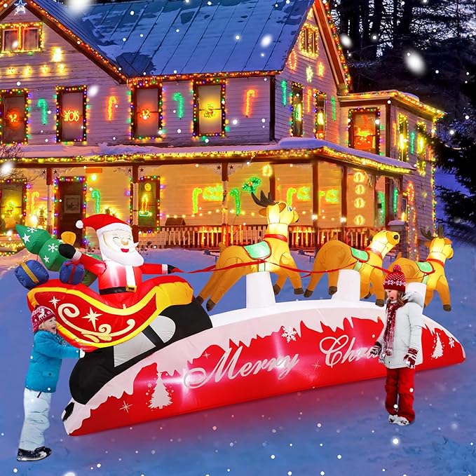 10 FT Christmas Inflatables, Santa Sleigh with Reindeer Christmas Outdoor Inflatables, LED Lights Blow up Inflatable Yard Decoration for Christmas, Long Xmas Inflatable Party Garden Lawn Home Decor