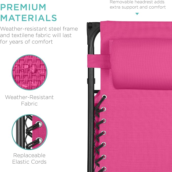 Best Choice Products Folding Zero Gravity Outdoor Recliner Patio Lounge Chair w/Adjustable Canopy Shade, Headrest, Side Accessory Tray, Textilene Mesh - Hot Pink/Black