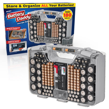 Battery Daddy Storage & Organizer Case w/Tester, Stores & Protects Up to 180 Batteries, Double-Sided, Clear Locking Lid, Secure Latches & Portable Carrying Handle- Warm Grey (Batteries Not Included)