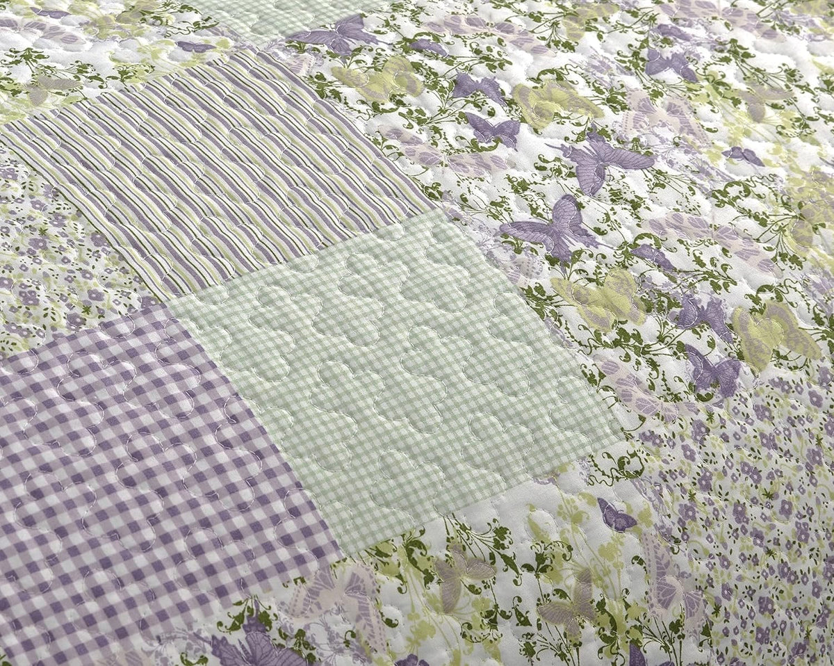Chezmoi Collection Daisy 3-Piece Printed Patchwork Quilt Set - Purple Butterfly Botanical Candy Stripe Checkered Coverlet - Pre-Washed Microfiber Lightweight Reversible Bedspread, Full Size