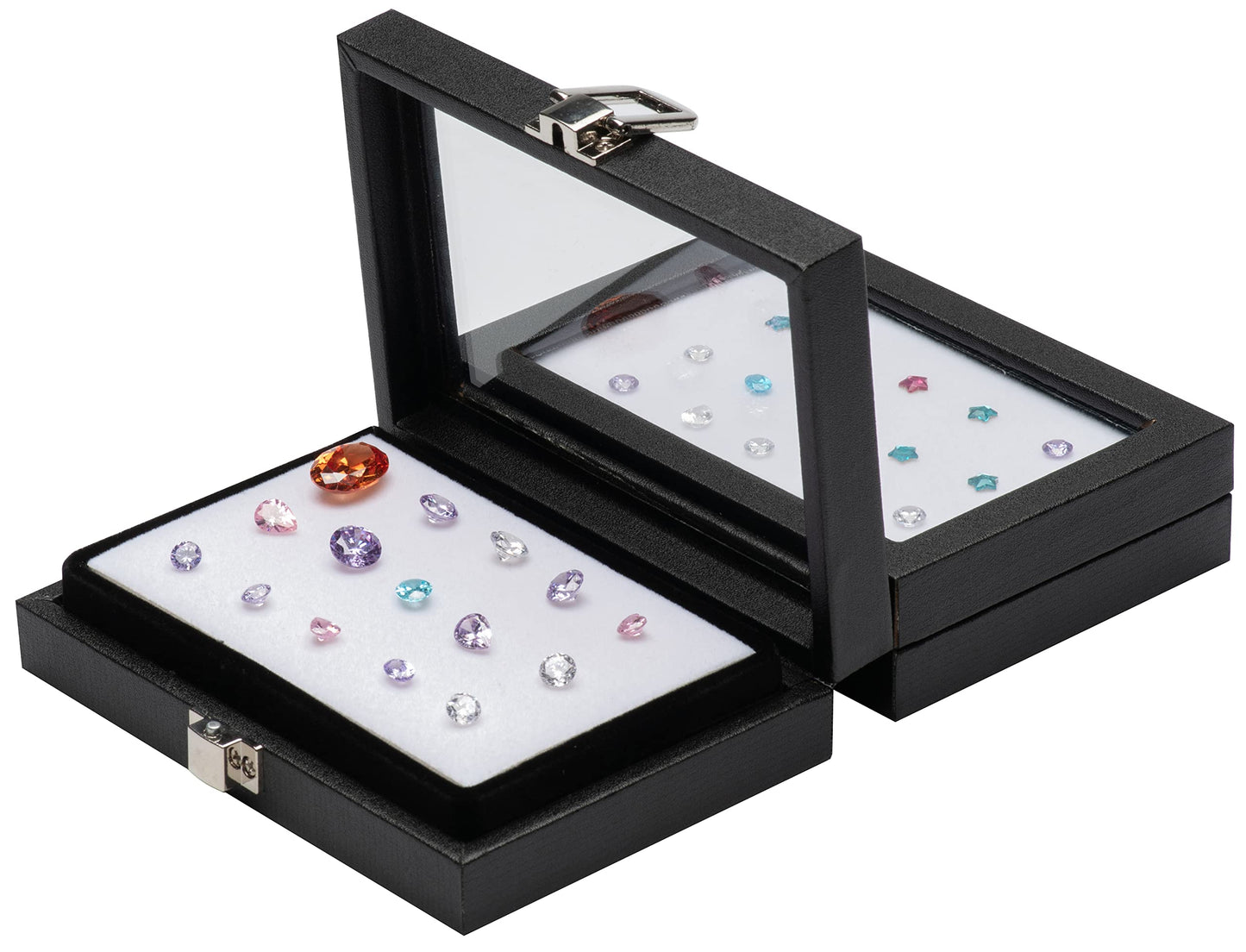 Giftop Jewelry Display Case Tempered Glass Top Lid Black Leatherette,Gemstone Display Case Jewelry Storage Box with Metal Clasp (Small)