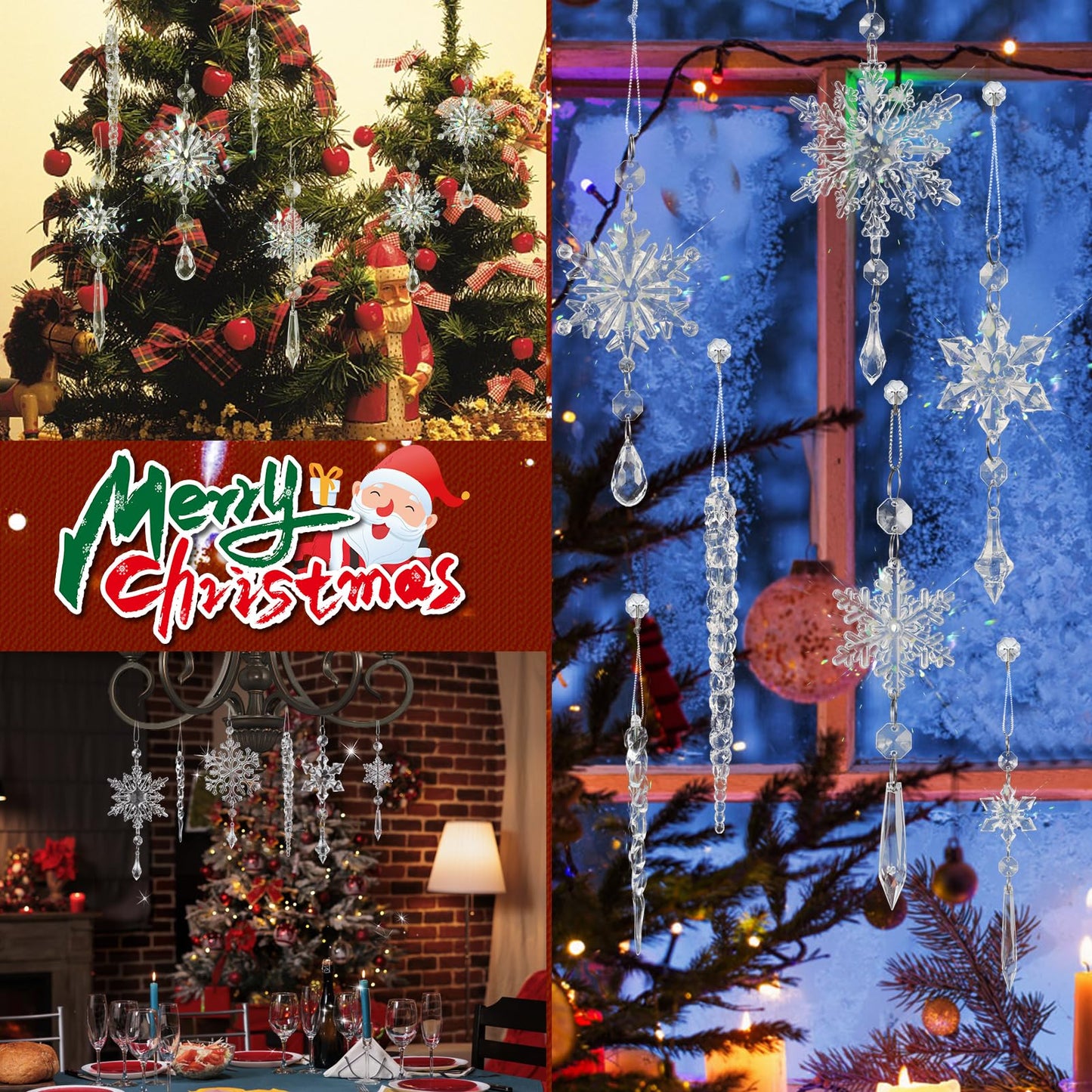 24pcs Snowflake Icicle Ornaments Christmas Tree Decorations - Large Crystal Acrylic Indoor Hanging Decor Set for Xmas Winter Themed Wonderland Party