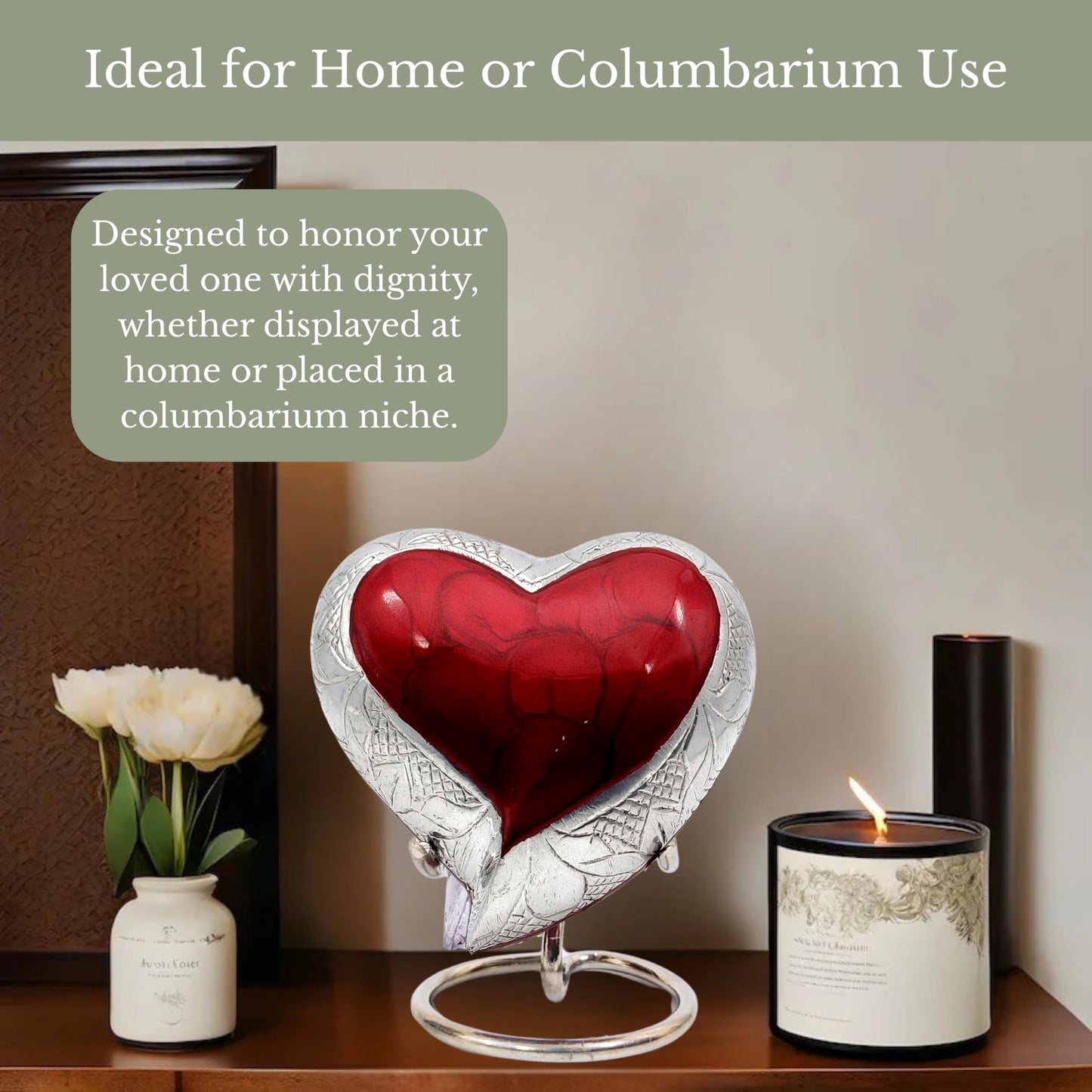 NORSE'S TRADECRAFT Heart Mini Urn for Ashes Adult Male, Female | Memorial Gifts with Velvet Box & Stand l Handcrafted Cremation Urns for Human Ashes, Pets | Red Heart with Engraved Design - 3 cu in