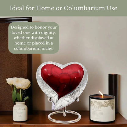 NORSE'S TRADECRAFT Heart Mini Urn for Ashes Adult Male, Female | Memorial Gifts with Velvet Box & Stand l Handcrafted Cremation Urns for Human Ashes, Pets | Red Heart with Engraved Design - 3 cu in