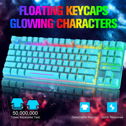 Wireless Gaming Keyboard and Mouse Combo with 87 Key Rainbow LED Backlight Rechargeable 3800mAh Battery Mechanical Feel Anti-ghosting Ergonomic Waterproof RGB Mute Mice for Computer PC Gamer (Blue)