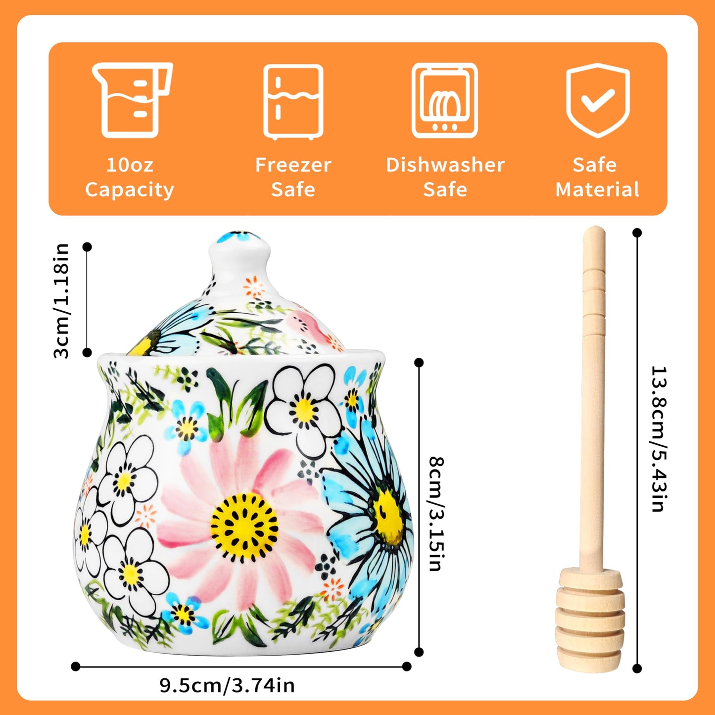 JUSONEY Ceramic Honey Pot with Dipper and Lid,10oz Handpainted Honey Dispenser with Flowers,No drip, Honey Jar Easy Clean(B)