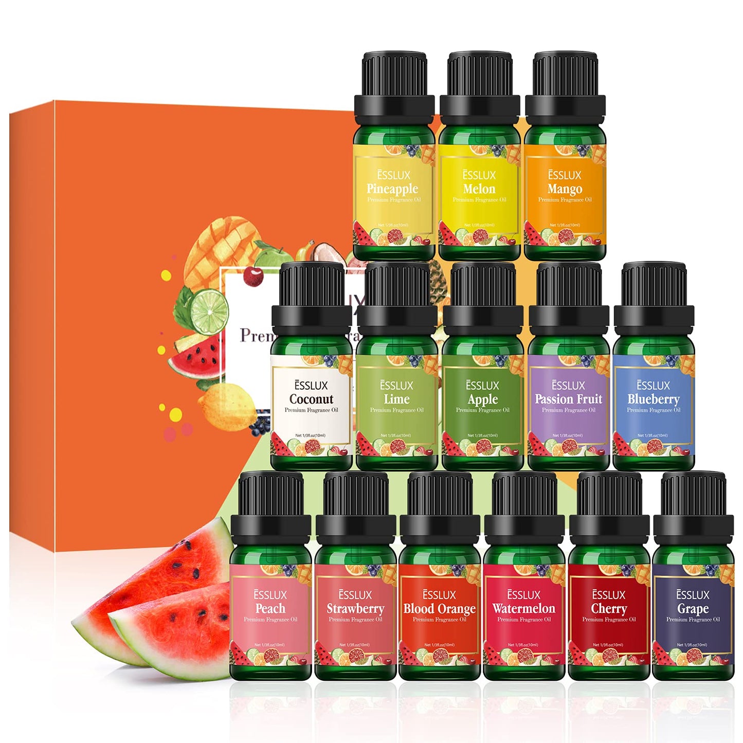 Fruity Fragrance Oils Set, ESSLUX 14 Premium Fruit Scented Oils for Diffuser, Soap Candle Making Scents, Coconut, Peach, Watermelon, Pineapple and More, Aromatherapy Essential Oils Gift Set for Home