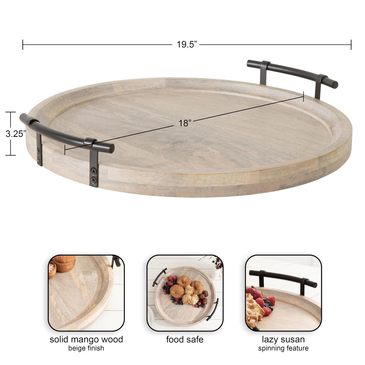 Kate and Laurel Bruillet Farmhouse Wood Round Lazy Susan Tray; 20 x 20; Natural; Wooden Countertop Organizer with Turning Lazy Susan for Kitchen Storage; Coffee Table; or Living Room Ottoman