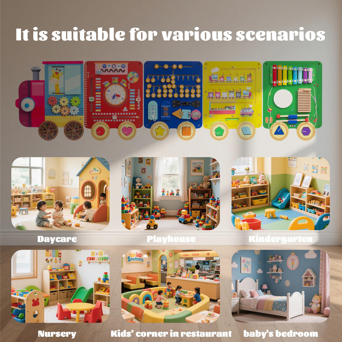 UREDISO Train Activity Wall Busy Board,Wooden Busy Board Train Activity Wall Panels,Montessori Sensory Wall Toys Panel for Kids, Learning Activity Center for Playroom,3 Years Old and Over (Train)
