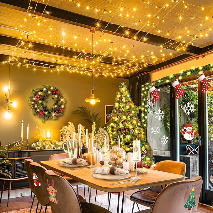 KNONEW Christmas String Lights Indoor Plug in,60FT 180LED Outdoor Waterproof Fairy Lights,8 Lighting Modes,Timer Memory Function for Bedroom Patio Balcony Party (Warm White)
