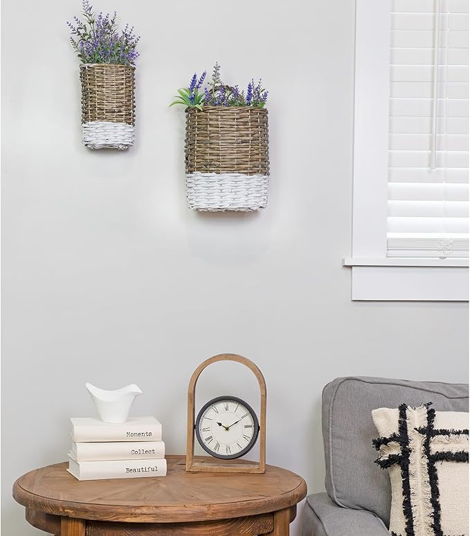 AuldHome Design Wall Hanging Baskets; Woven WIcker Rustic Farmhouse Two-Tone
