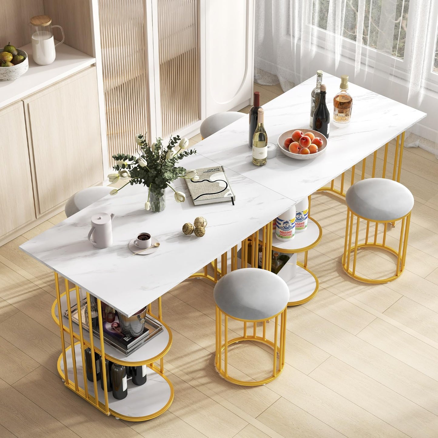 Giantex 3-Piece Dining Table Set for 2, Rectangular Kitchen Table with 2 Stools, 2-Tier Storage Shelf, Upholstered Seat, Faux Marble Top, Metal Frame, Dinette Desk, Breakfast Desk for Small Space