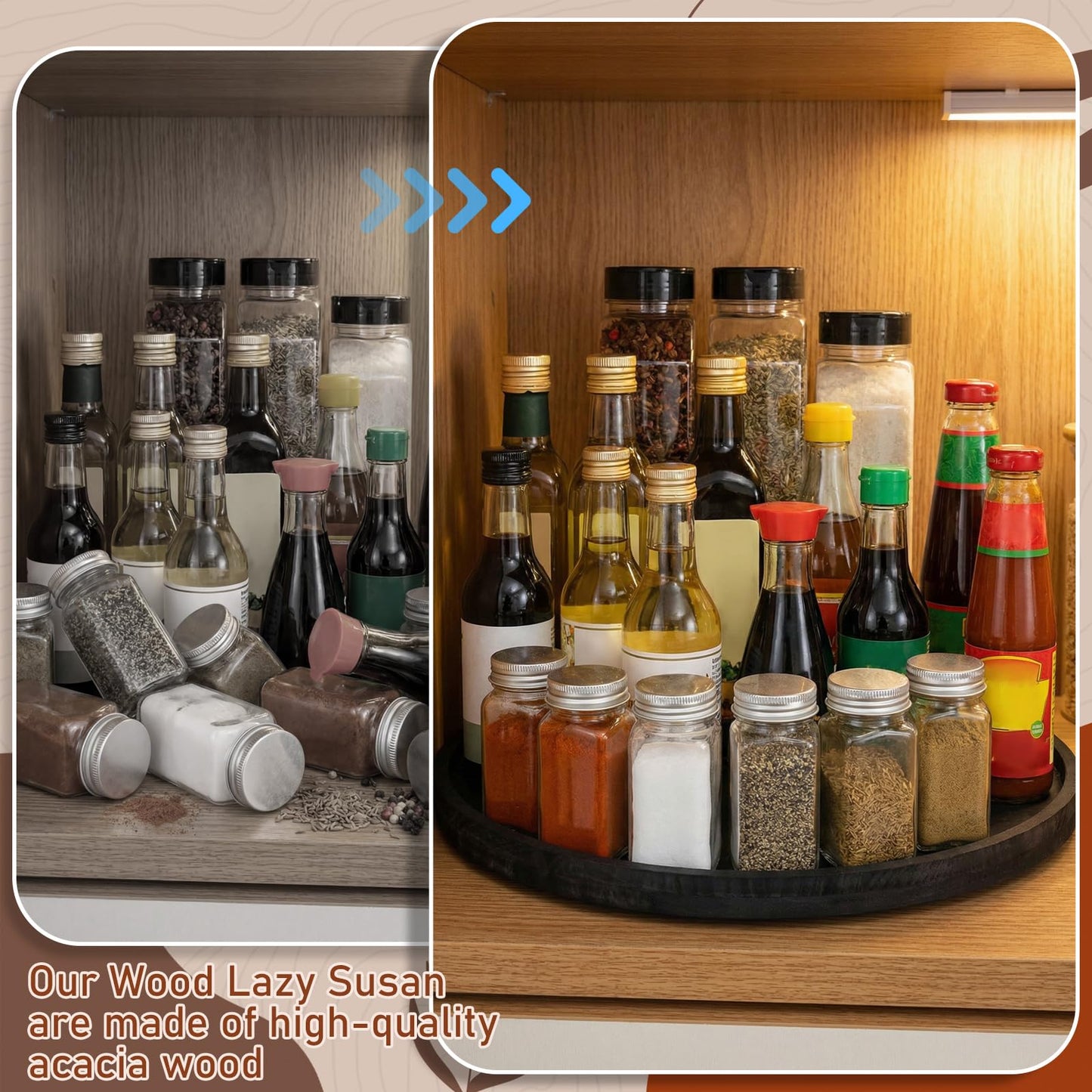 Yiyiring 20'' Wood Lazy Susan for Countertop Acacia Large Turntable Rotating Serving Tray for Table Top Non Skid Kitchen Tray Revolving Condiment Spice Rack Table Organization Storage, Black