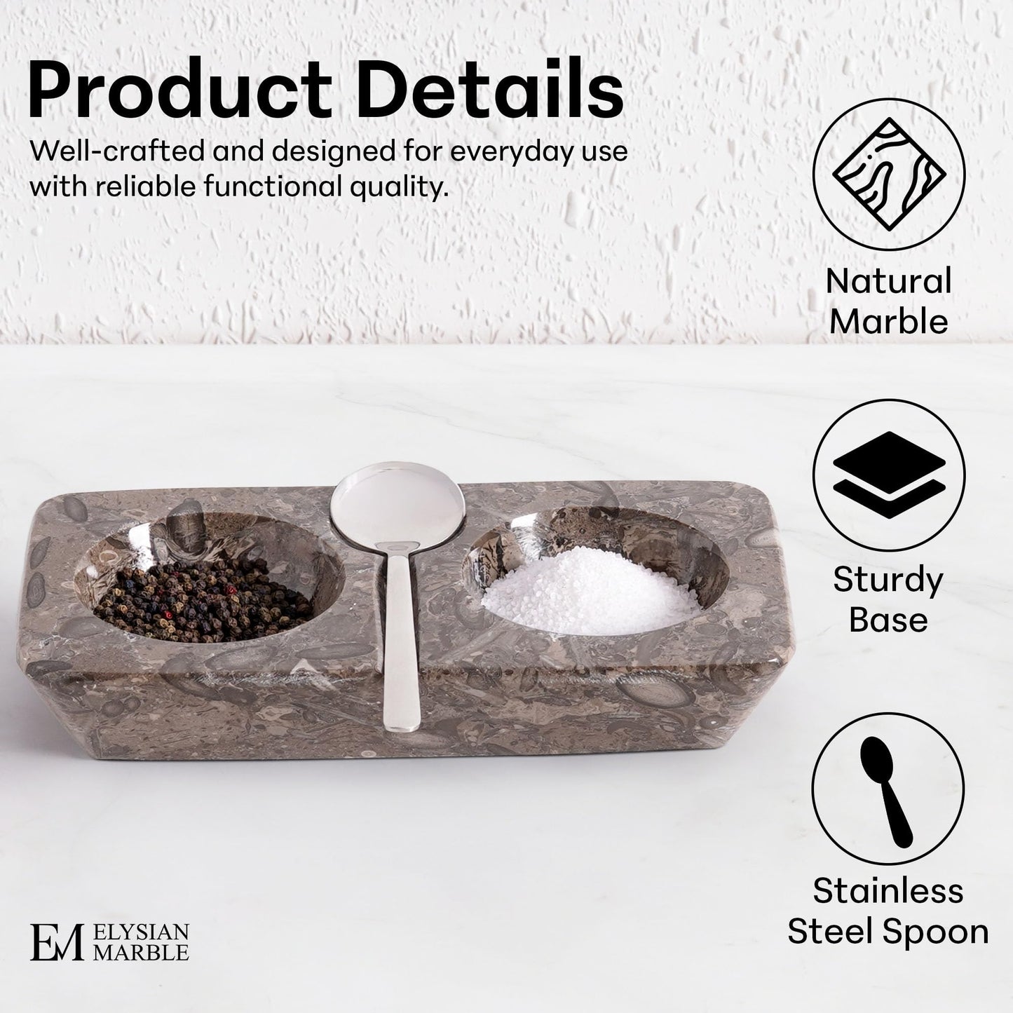 Marble Salt and Pepper Dish with Spoon, Handcrafted Double Spice Tray with 2 Compartments, Natural Stone Condiment Dish for Cooking Prep and Serving - Oceanic Grey
