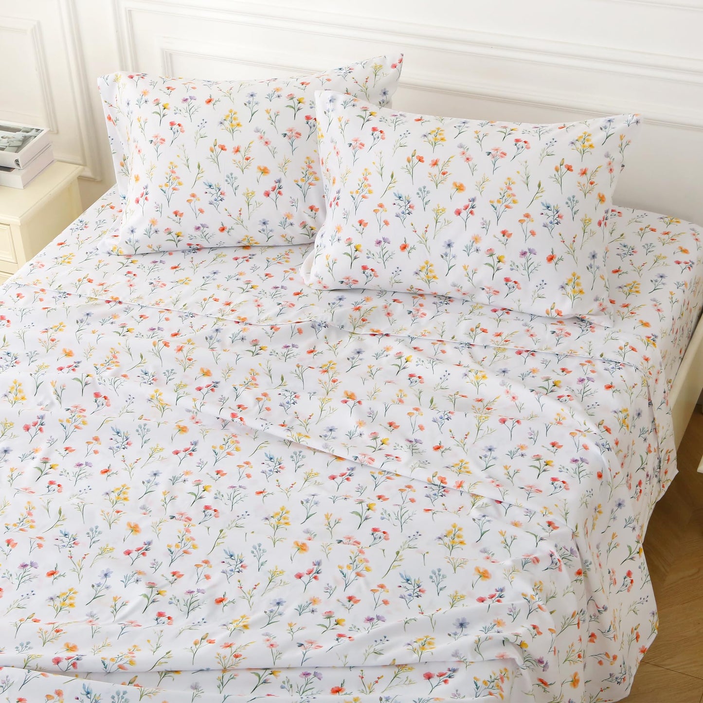 Viviland Floral Twin Sheet Set - 3 Piece Vintage Botanical Flower and Leaves Patterned Bed Sheets - Soft, Breathable Microfiber Sheets with Deep Pocket, Non-Slip Fitted Sheets & Pillowcases