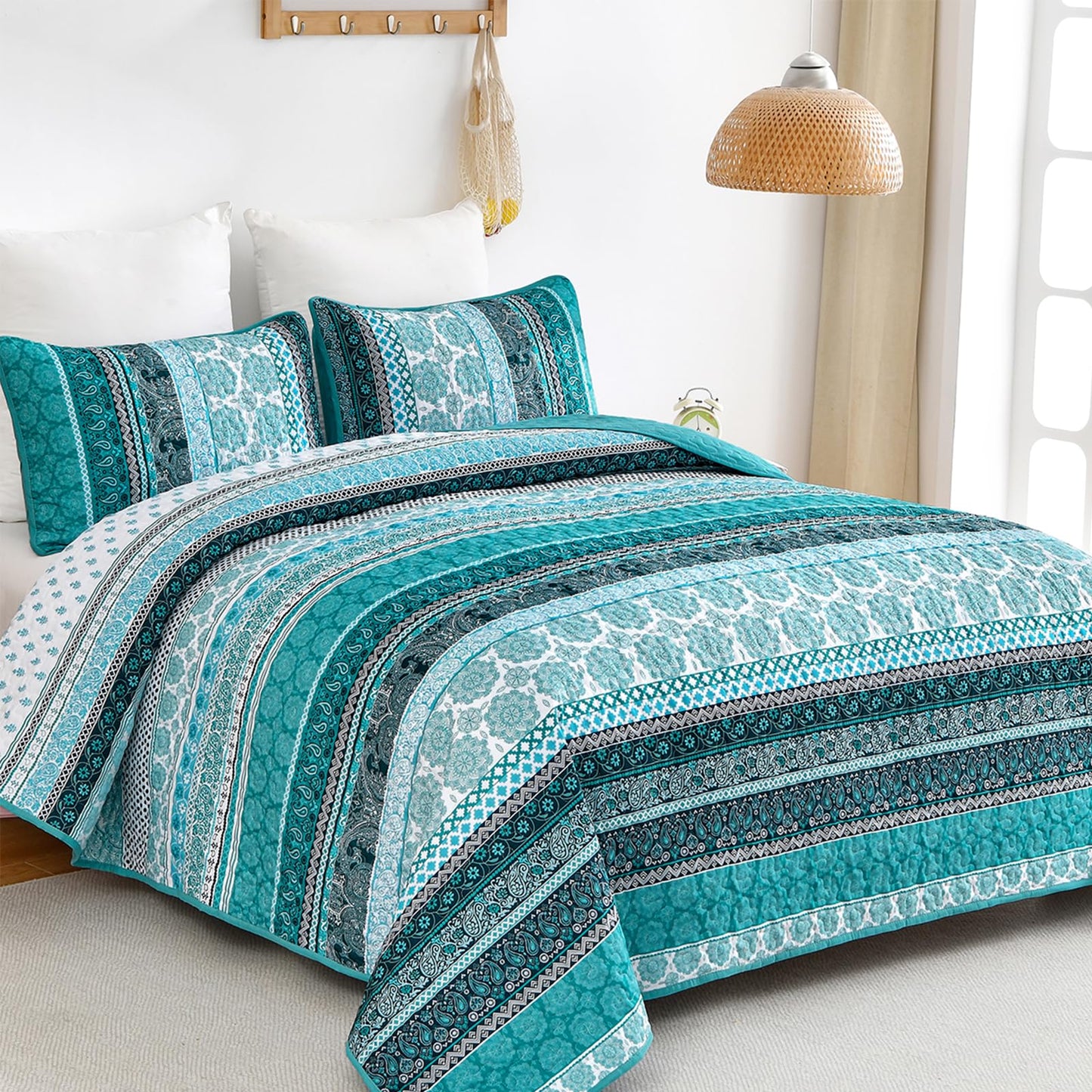 WONGS BEDDING Boho Quilt Set King Size, Teal 3 Pieces Bohemian Striped Patchwork Bedspread Coverlet, Lightweight Soft Microfiber Bedding Set for All Season (104"x90")