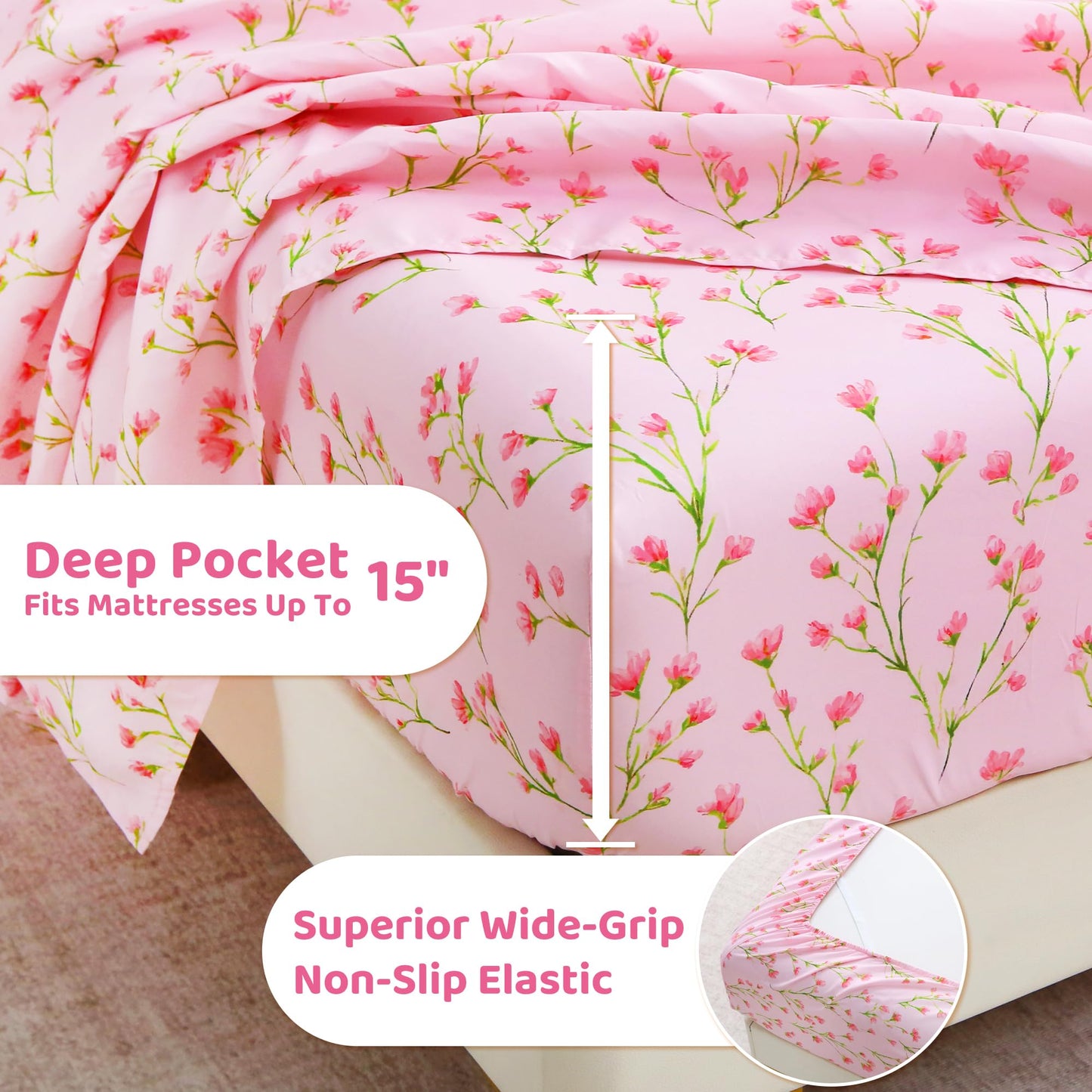 Mooreeke Cozy Floral Microfiber Printed Queen Sheet Set - Soft & Breathable Pink Flowers Bed Sheets with Deep Pocket - Non-Slip Fitted Design - Pink Flowers with Green Branches Pattern - Queen