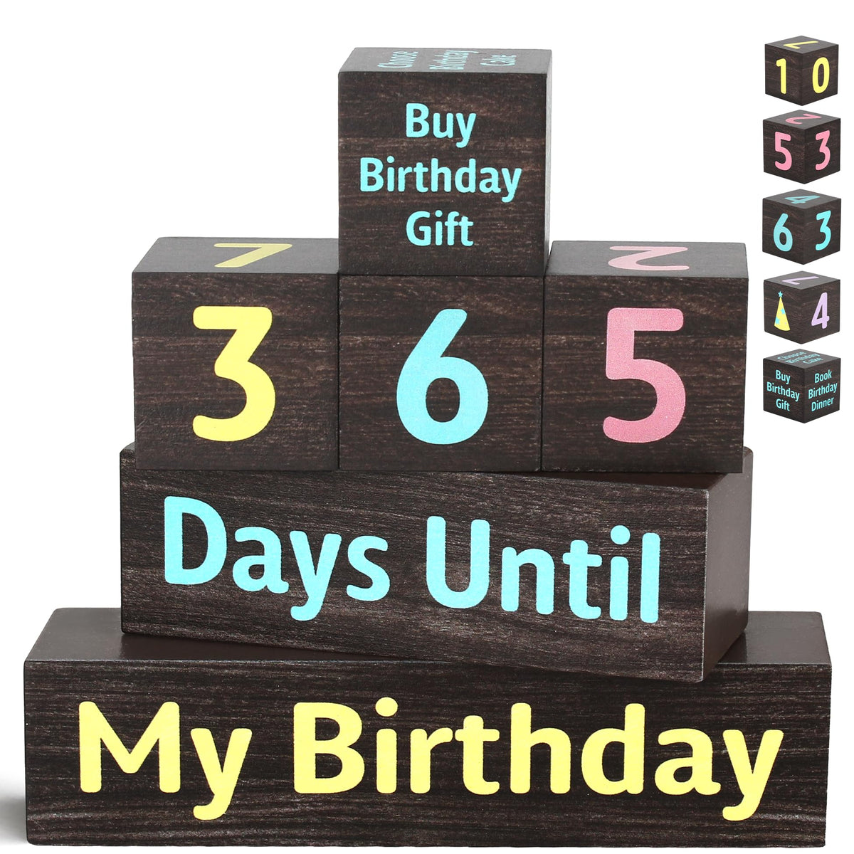 7 Pcs 365 Days Countdown Birthday Wooden Table Decor, Birthday Activities Decision Dice Rustic Table Centerpiece Decorations for Home Office
