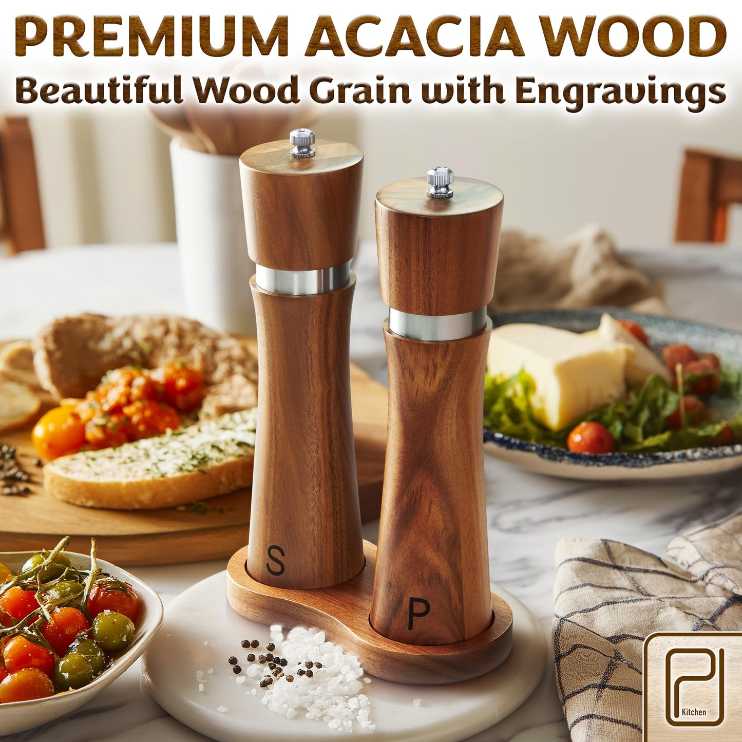 Salt and Pepper Acacia Wood Grinder Set with Wooden Holder Tray - 60 g / 2 oz each - Tall Modern Mill Shakers - Manual Refillable Mills for Peppercorn, Fancy Himalayan Salt + Spices - by PJC-Kitchen