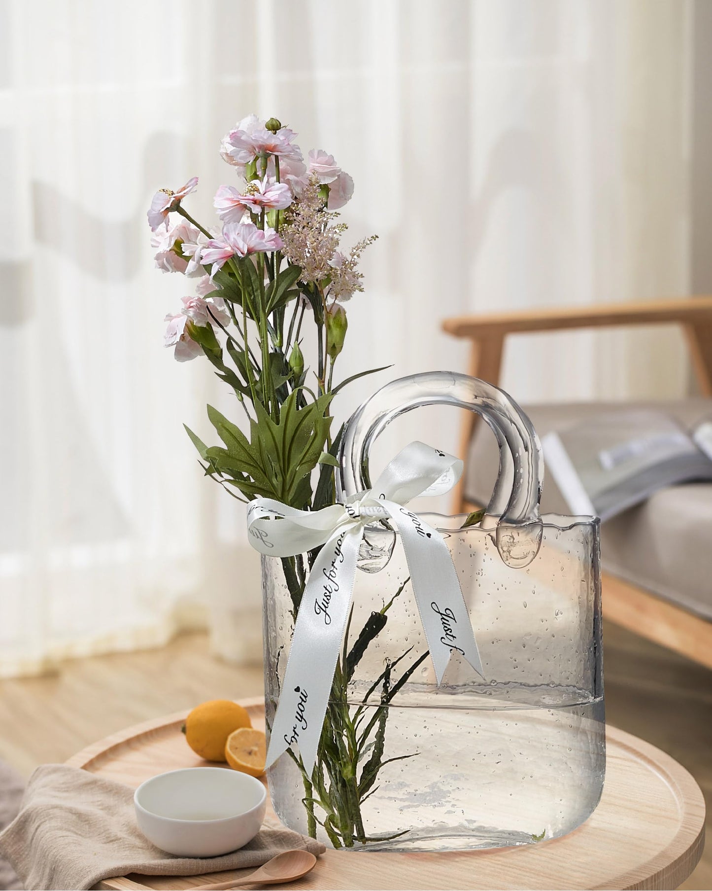 Lei-JG Thickened Glass Purse Vase for Flowers Gift Set-(Handmade 5mm Crystal-Unique Cute Clear Bag Vase with Reinforced Gift Box, Premium Table Centerpiece for Wedding/Mothers Day (Transparent