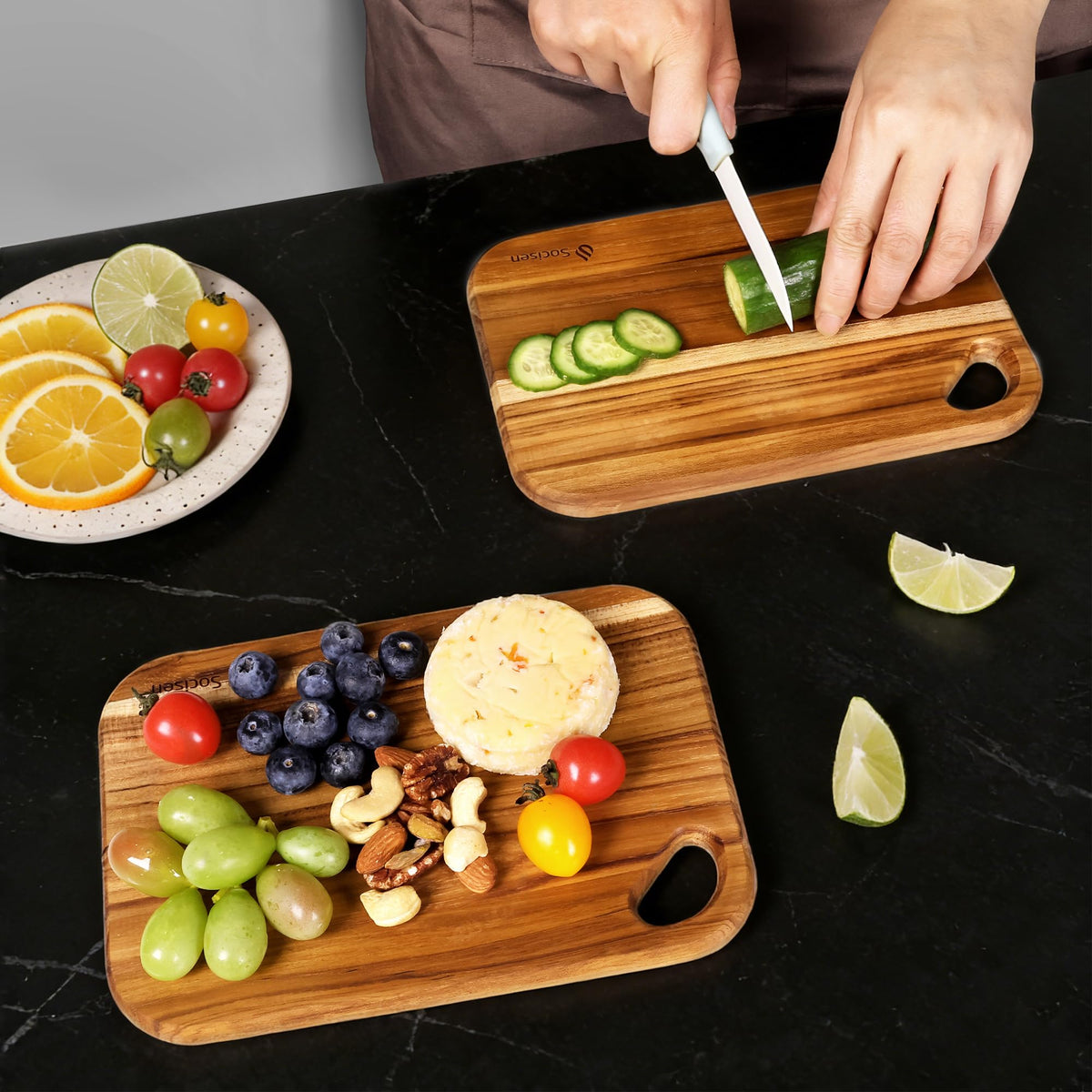 2 Pack Small Teak Wood Cutting Board for Kitchen 8.6" x 6" Mini Wooden Charcuterie Boards Lightweight Chopping Board Non Toxic Serving Board Tiny Chef Set Camping Fruit Lemon Sandwich Cheese Board