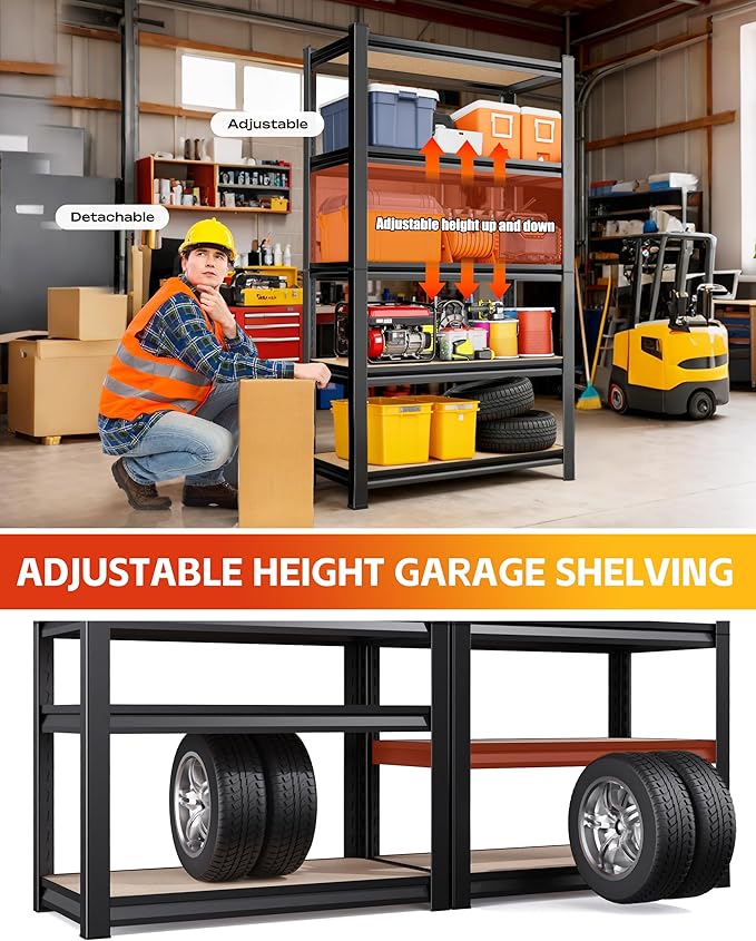 AOAORRG Set of 4 Garage Shelving Heavy Duty Storage Shelves, Metal Adjustable Shelving Unit, Utility Garage Organizer Shelf for Basement, Pantry, Kitchen, Warehouse, 31.5"W x 13.8"D x 71.2"H, Black
