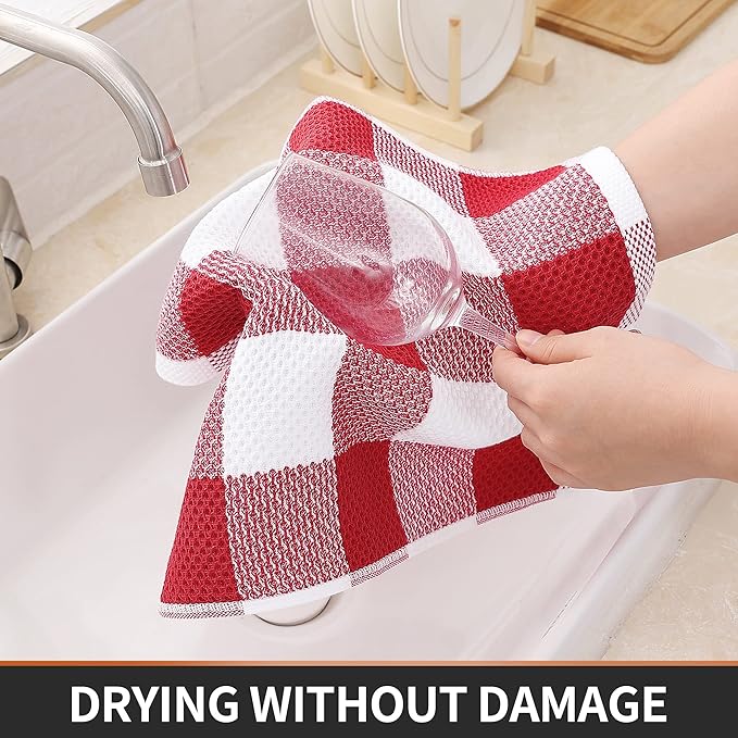 Homaxy 100% Cotton Waffle Weave Check Plaid Dish Cloths, 12 x 12 Inches
