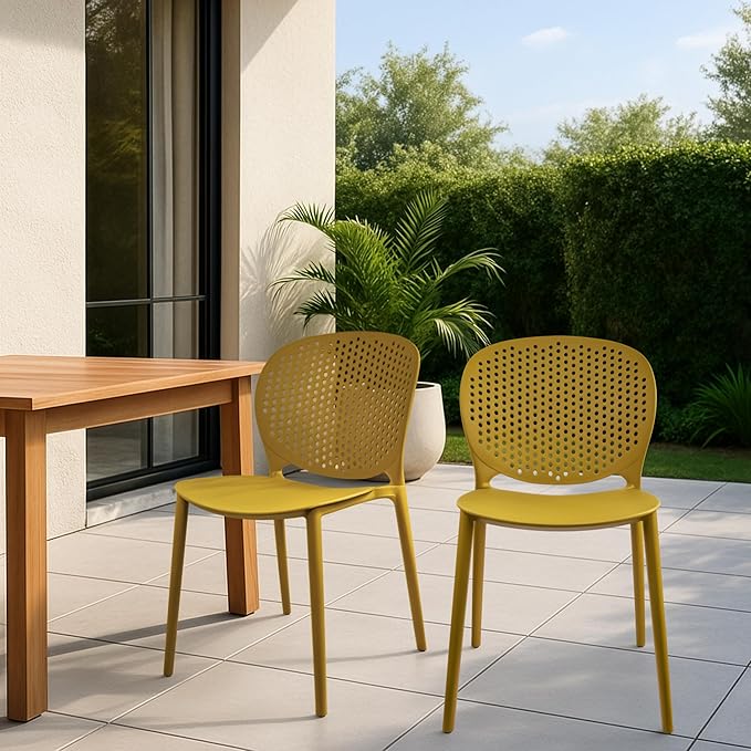 2xhome Patio Dining Chair | Modern Stackable Outdoor Pool Side Chair | Weather Resistant Plastic for Yard, Porch, Balcony, Kitchen, Yellow, Single, Set of 1