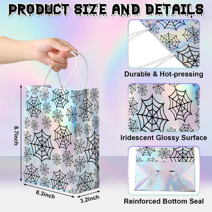 Paterr 24 Pcs Iridescent Halloween Paper Bags Holographic Bat Pumkin Skeletons Pumpkins Spider Webs Trick or Treat Reusable Gift Bags for Halloween Party Supplies Favors(Classic Patterns)