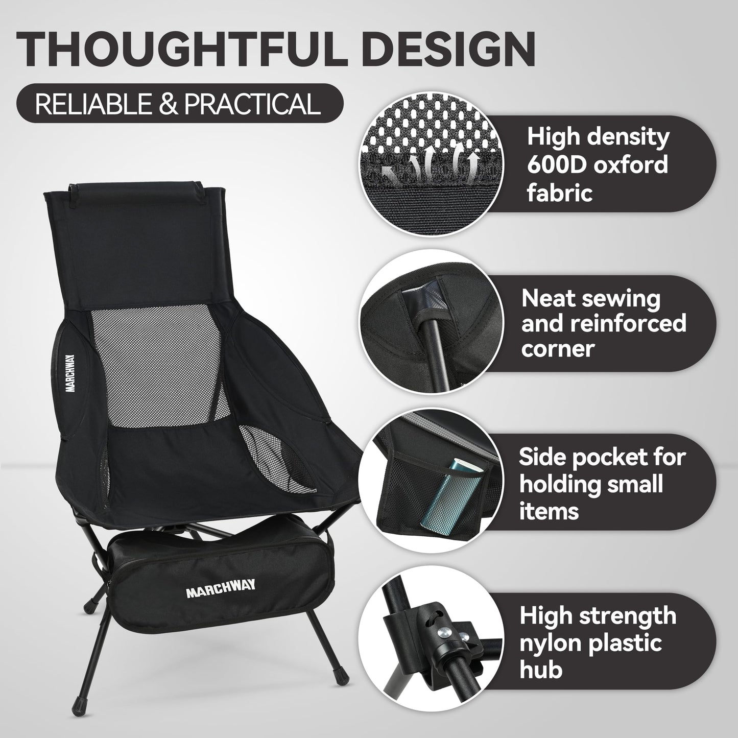 MARCHWAY Lightweight Folding High Back Camping Chair with Head Support, Stable Portable Compact for Outdoor Camp, Travel, Beach, Picnic, Festival, Hiking, Backpacking (Highback Black)