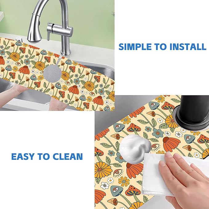 Abstract 70s Mushroom Floral Sink Faucet Absorbing Mat Sink Splash Guard Faucet