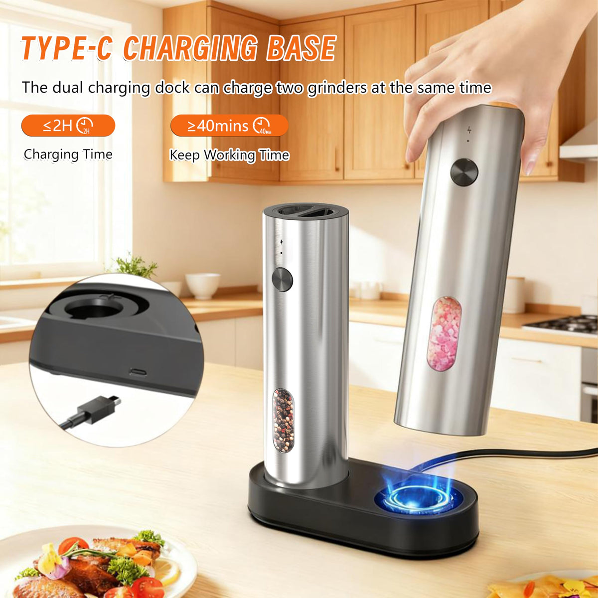 Candlejeeft Electric Salt and Pepper Grinder Set,Rechargeable,Adjustable Coarseness,LED Light with Dual Charging Base,110ml Upgraded Large Capacity,Top-Refill,Stainless Steel Automatic Pepper Shakers