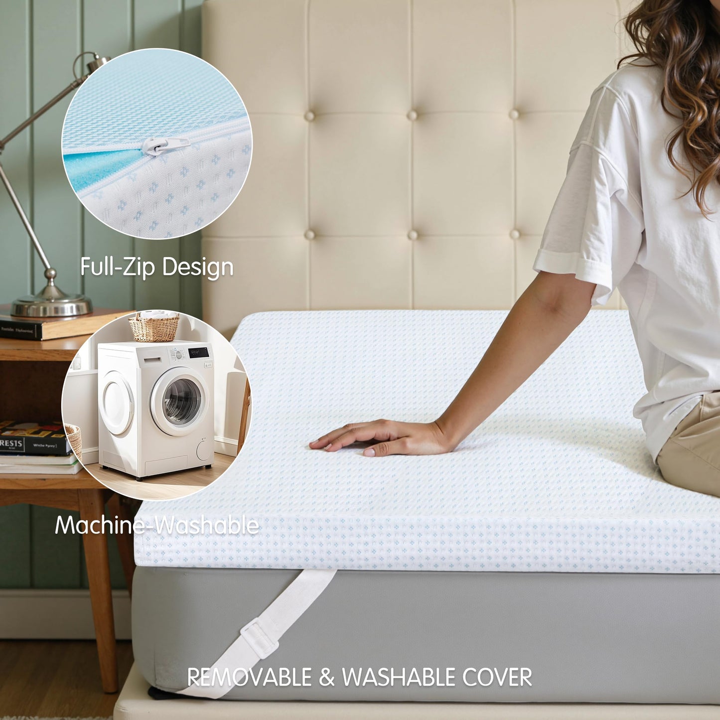 Subrtex Mattress Topper Cover (Only Cover) Mattress Protector Bedding Rayon Made from Bamboo Removable Mattress Encasement Mattress Cover with Zipper (2 Inch, White, Queen)