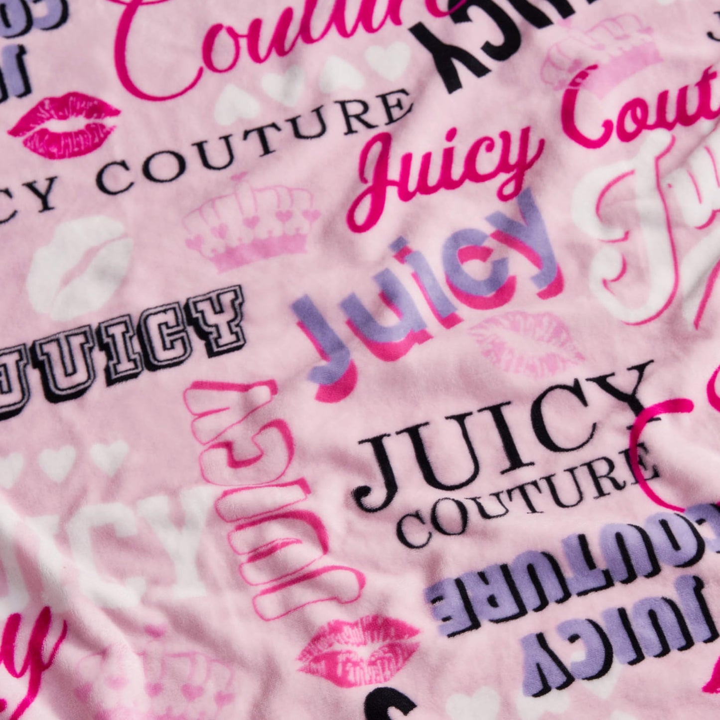 Juicy Couture Icon Collage 50" x 70" Plush Throw Blanket, Pink - Decorative Blankets for Sofas, Throws for Chairs, and Beds