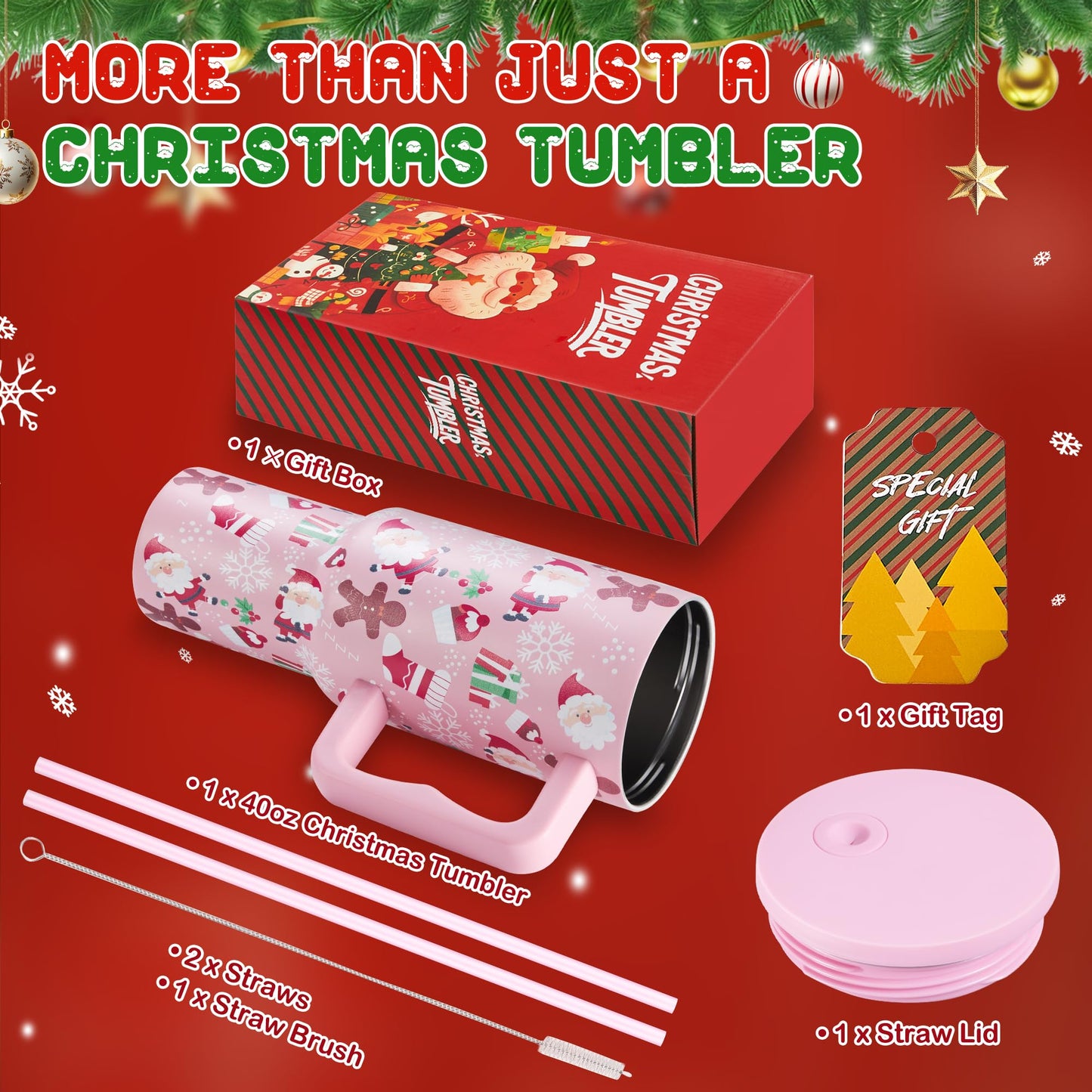40 oz Christmas Insulated Tumbler with Handle and lid, Vacuum Triple Walled Stainless Steel Travel Mug, Fits for car Cup Holder, Leak Proof, Keep Beverages Cold for 34 Hours (Red Christmas Stars)