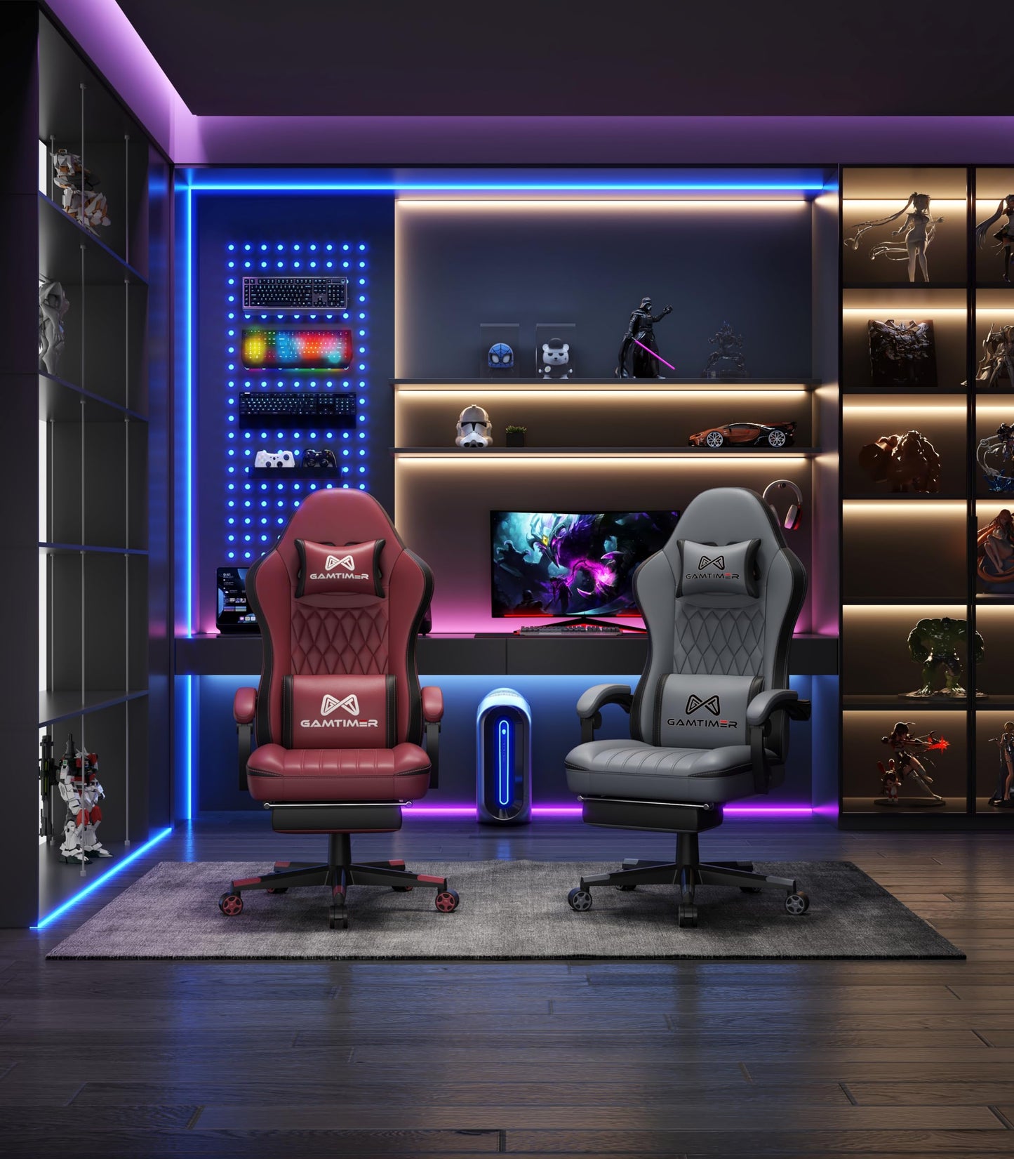 Gamtimer Gaming Chair with Footrest, Ergonomic Computer Chair, PU Breathable Material with Headrest and Lumbar Support, Suitable for Silla Gamer and Adults (RED)