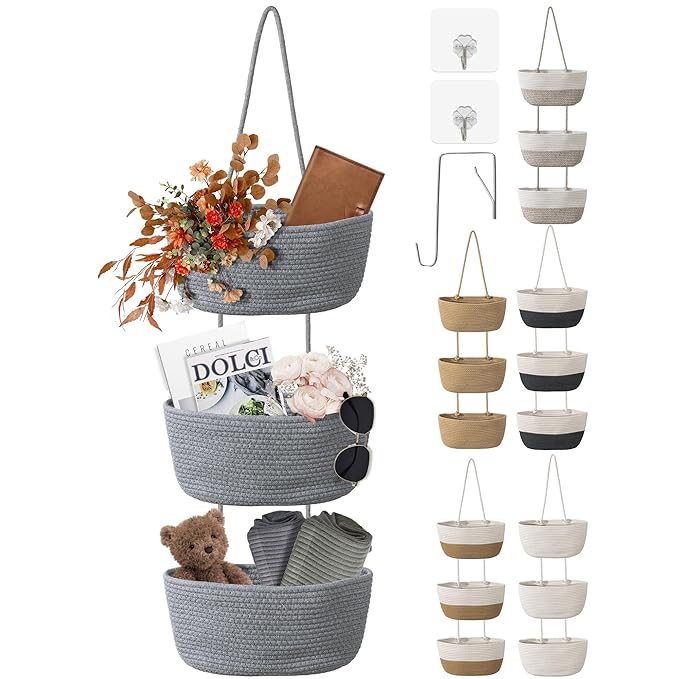 3 Tier Wall Mounted Woven Hanging Basket, Over the Door Hanging Basket