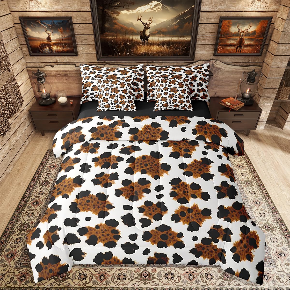 Erosebridal Brown Cowhide Teens Comforter Set 7 Piece Black White Cow Skin Bedding Set Twin Size Western Farmhouse Bed in A Bag for Kids Boys Adult Bedroom Rustic Animal Fur Sheets