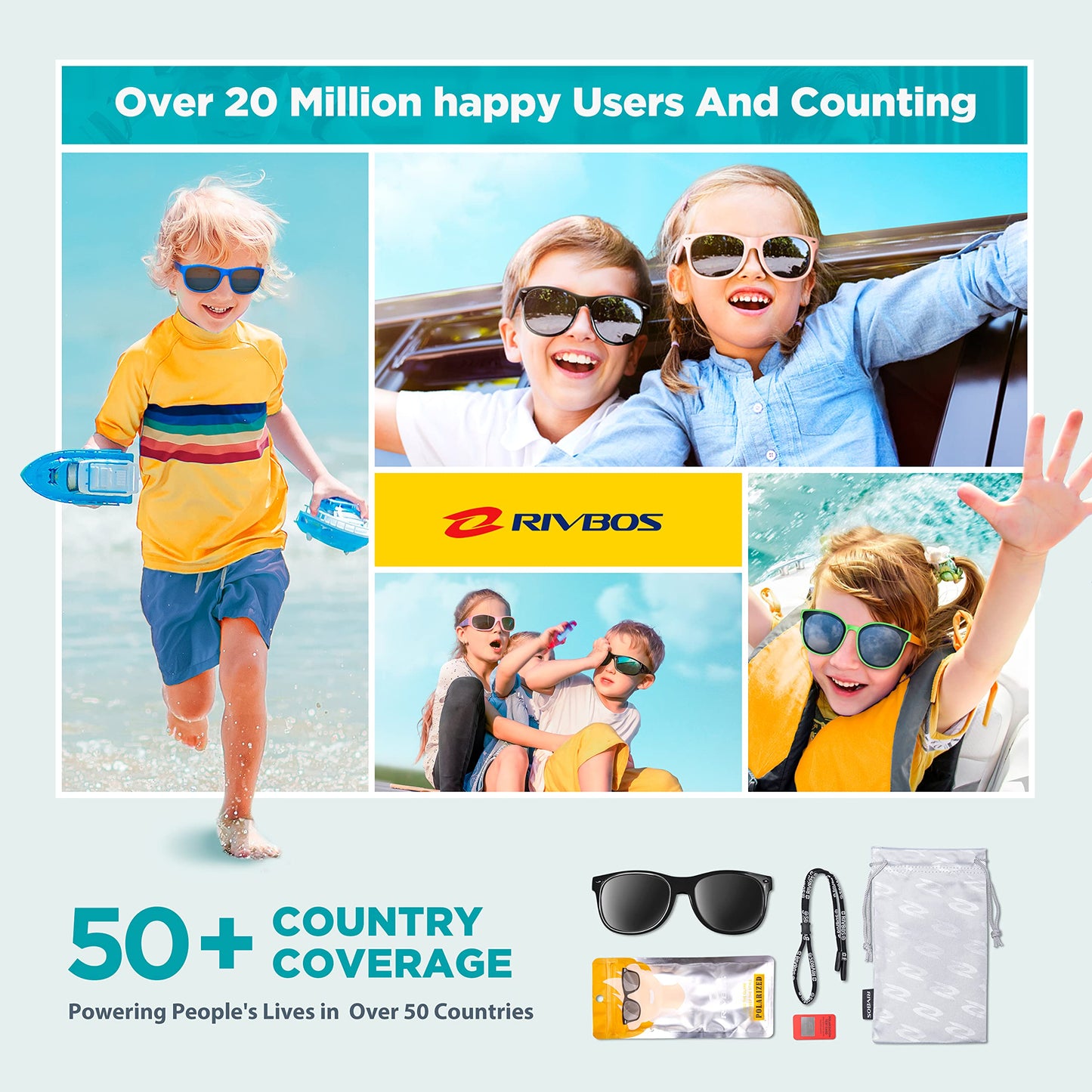RIVBOS Kids Sunglasses Polarized Rubber UV Protection with Glasses Strap for Boys Girls Baby and Children Age 3-10 RBK004-2
