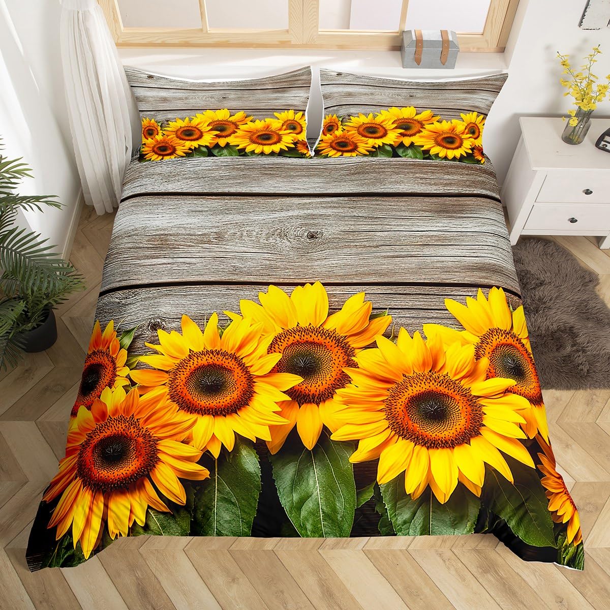 Feelyou Sunflower Duvet Cover Botanical Floral Printed Bedding Set for Kids Women Adults Yellow Blossom Comforter Cover Wooden Scenes Bedspread Cover Bedroom Collection 3Pcs King Size