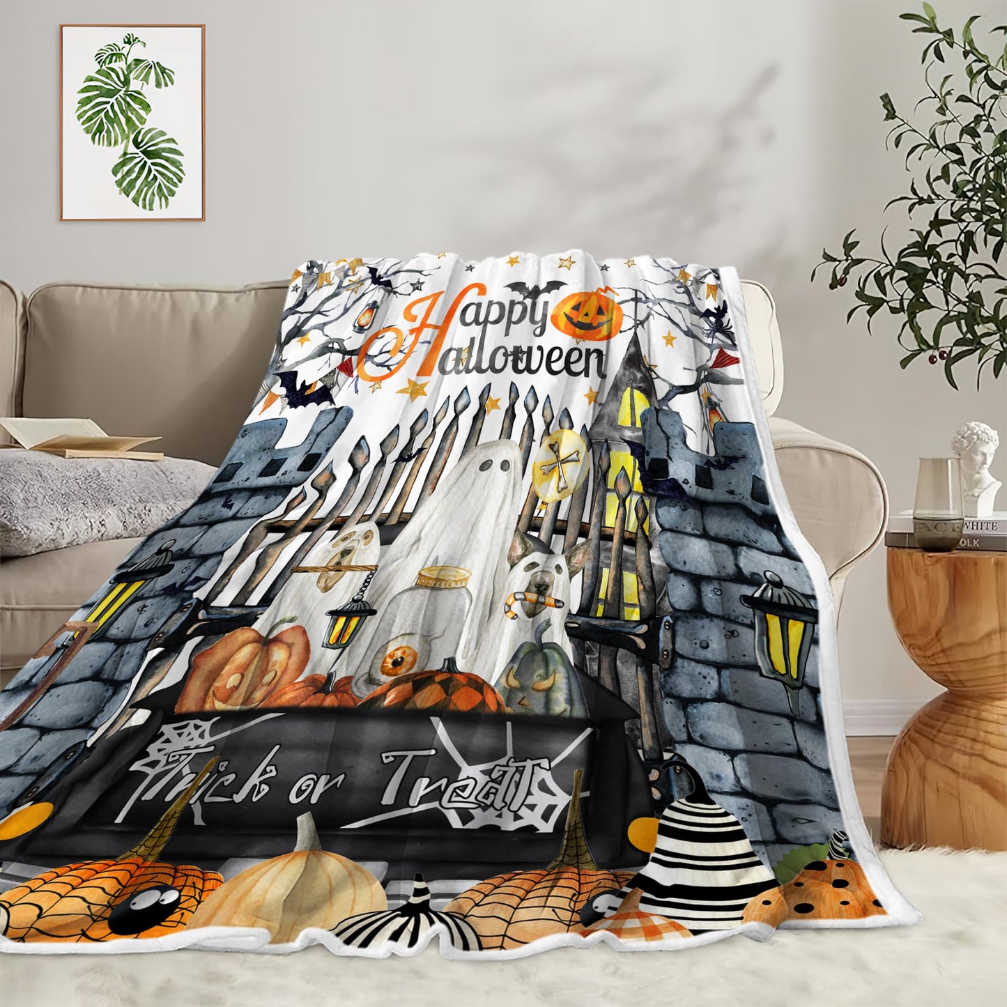 Halloween Blanket,White Ghost Pumpkin Bats and Spider Gothic Castle Terrorism Hallloween Throw Blanket,All Season Bed Couch Sofa Flannel Blanket,50X60 Inch.