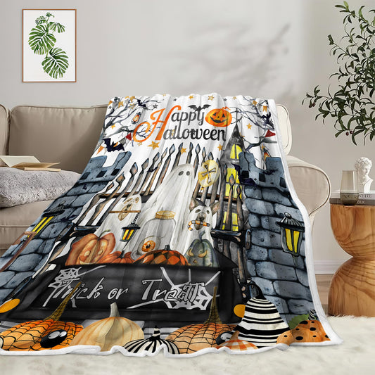 Halloween Blanket,White Ghost Pumpkin Bats and Spider Gothic Castle Terrorism Hallloween Throw Blanket,All Season Bed Couch Sofa Flannel Blanket,50X60 Inch.