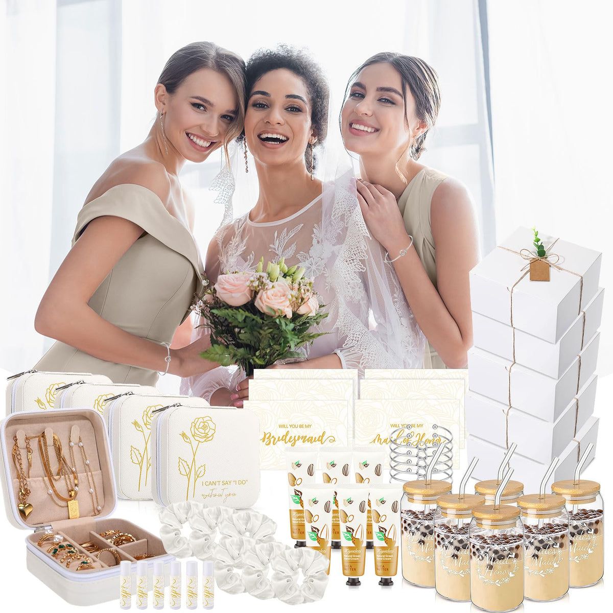 Teenyyou 60 Pcs Bridesmaid Proposal Gifts Bridesmaid Box Set Maid of Honor Gift Wedding Bridal Shower Include Jewelry Box Glass Cup Scrunchies Hair Knotted Bracelets Hand Cream Lip Balm Cards(White)